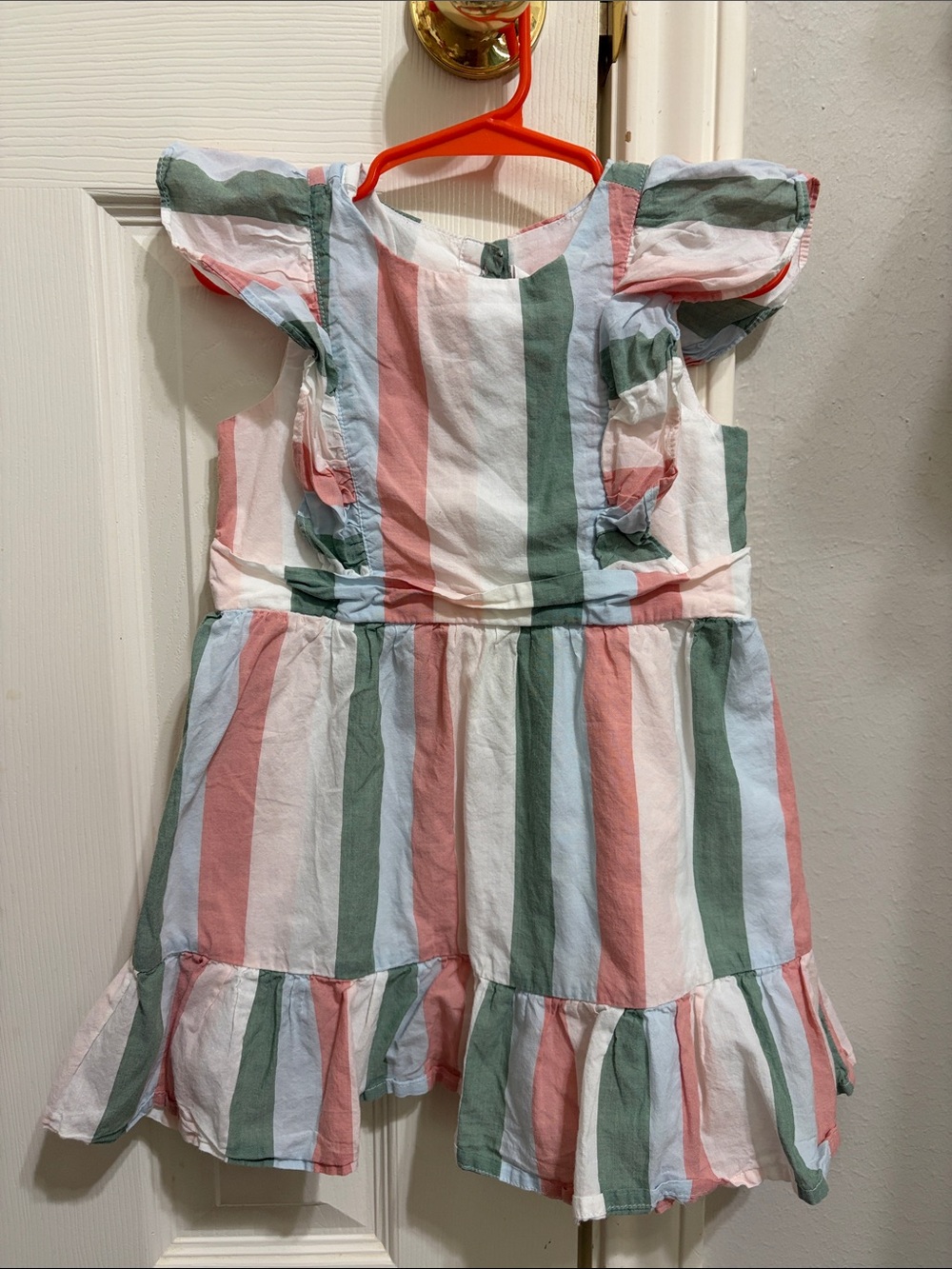 Janie and Jack Striped Ruffle Kids Dress - Pink, Green & White